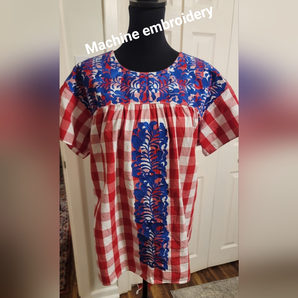 Embroidered Mexican-style cotton blouse on red gingham 3X Patriotic!